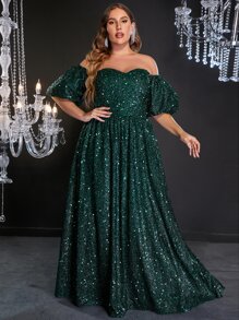 Plus Off Shoulder Puff Sleeve Floor Length Sequin Formal Dress - Dark Green - View 5