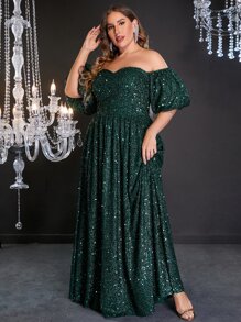 Plus Off Shoulder Puff Sleeve Floor Length Sequin Formal Dress - Dark Green - View 6