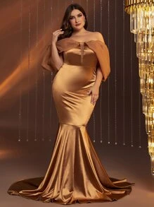 Vestido de fiesta de hombros descubiertos de malla de manga farol bajo sirena - Dorado - Ver 1