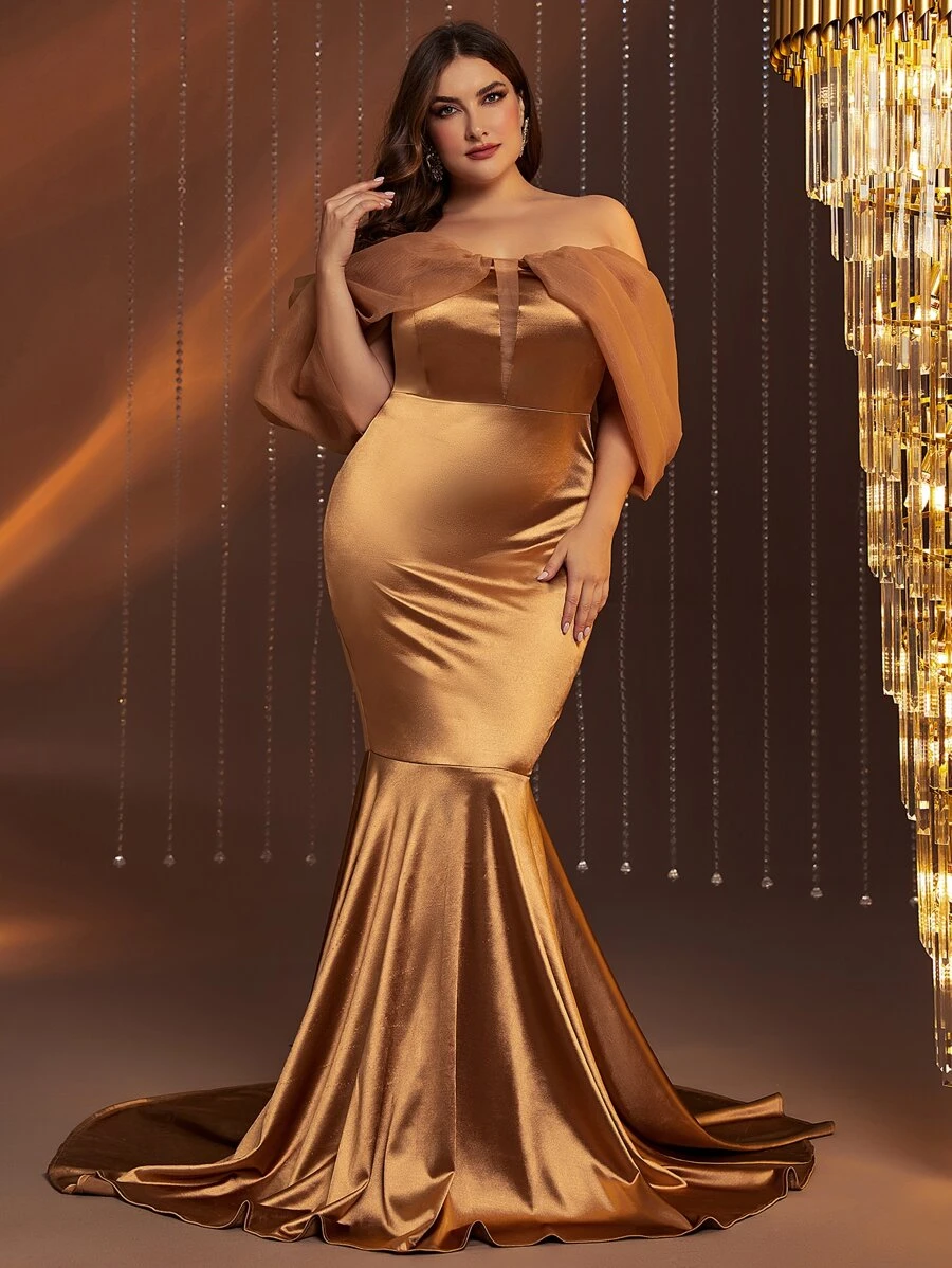 Vestido de fiesta de hombros descubiertos de malla de manga farol bajo sirena - Dorado - Ver 1