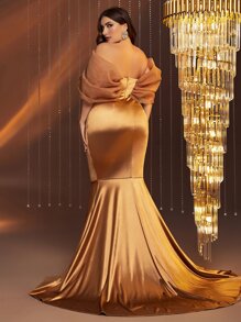 Vestido de fiesta de hombros descubiertos de malla de manga farol bajo sirena - Dorado - Ver 2