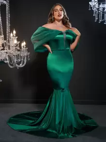 Vestido de fiesta de hombros descubiertos de malla de manga farol bajo sirena - Verde Oscuro - Ver 1