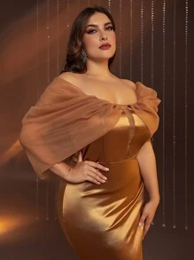 Vestido de fiesta de hombros descubiertos de malla de manga farol bajo sirena - Dorado - Ver 3