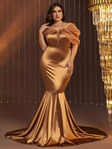 Vestido de fiesta de hombros descubiertos de malla de manga farol bajo sirena - Dorado - Ver 4