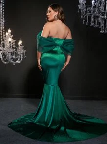 Vestido de fiesta de hombros descubiertos de malla de manga farol bajo sirena - Verde Oscuro - Ver 2