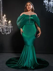 Vestido de fiesta de hombros descubiertos de malla de manga farol bajo sirena - Verde Oscuro - Ver 4