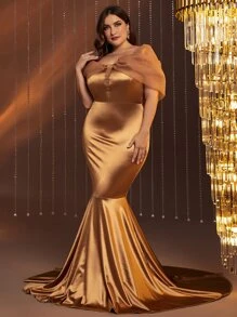 Vestido de fiesta de hombros descubiertos de malla de manga farol bajo sirena - Dorado - Ver 6