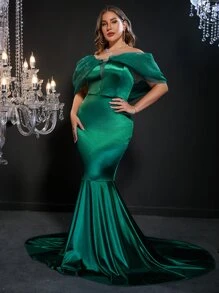 Vestido de fiesta de hombros descubiertos de malla de manga farol bajo sirena - Verde Oscuro - Ver 5