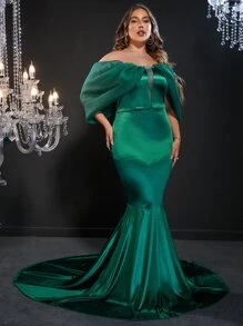 Vestido de fiesta de hombros descubiertos de malla de manga farol bajo sirena - Verde Oscuro - Ver 6