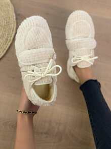 Fuzzy Lace-up Front Oxford Shoes - Beige - View 1