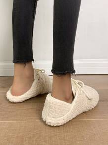 Fuzzy Lace-up Front Oxford Shoes - Beige - View 3