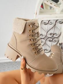 Women Two Tone Lace Up Front Combat Boots Fashion Shoes - Apricot - View 1