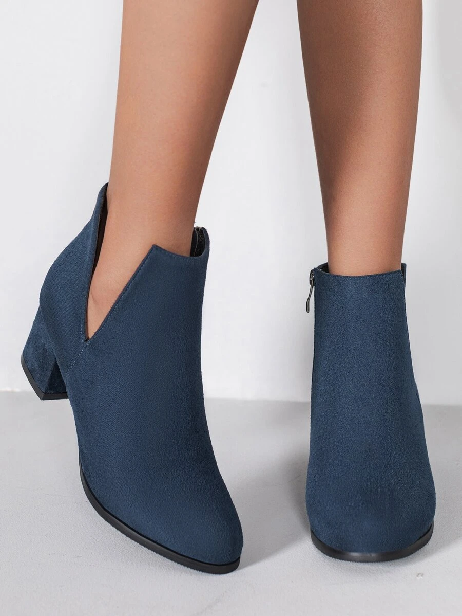 Zipper Side Point Toe Chunky Heeled Faux Suede Booties - Navy Blue - View 1
