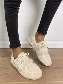 Fuzzy Lace-up Front Oxford Shoes - Beige - View 4