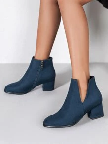 Zipper Side Point Toe Chunky Heeled Faux Suede Booties - Navy Blue - View 2