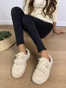 Fuzzy Lace-up Front Oxford Shoes - Beige - View 5