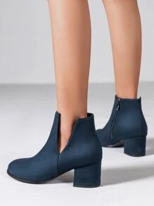 Zipper Side Point Toe Chunky Heeled Faux Suede Booties - Navy Blue - View 4