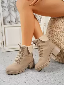 Women Two Tone Lace Up Front Combat Boots Fashion Shoes - Apricot - View 4