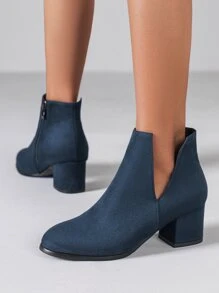Zipper Side Point Toe Chunky Heeled Faux Suede Booties - Navy Blue - View 5