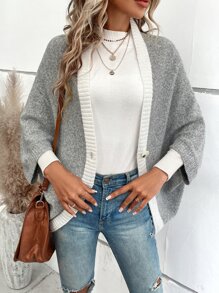 SHEIN LUNE Contrast Trim Batwing Sleeve Cardigan - Light Grey - View 4