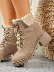 Women Two Tone Lace Up Front Combat Boots Fashion Shoes - Apricot - View 6