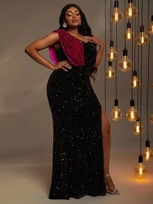 Vestido de color combinado de muslo con abertura con lentejuelas - Negro - Ver 5