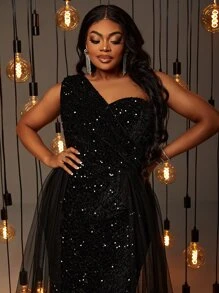 Vestido de vestir de un hombro de malla en contraste con lentejuelas - Negro - Ver 3