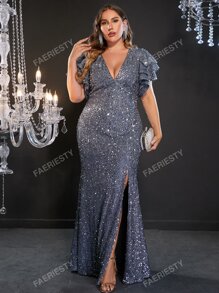 Faeriesty Abendkleid mit tiefem Ausschnitt, geschichteten Ärmeln, Schlitz am Oberschenkel und Pailletten, elegant für Abschlussball, Dinner oder Hochzeitsgast, Größe Plus