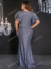 Faeriesty Abendkleid mit tiefem Ausschnitt, geschichteten Ärmeln, Schlitz am Oberschenkel und Pailletten, elegant für Abschlussball, Dinner oder Hochzeitsgast, Größe Plus