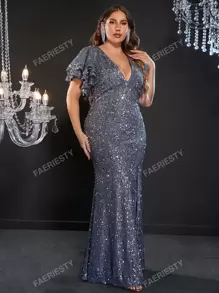 Faeriesty Abendkleid mit tiefem Ausschnitt, geschichteten Ärmeln, Schlitz am Oberschenkel und Pailletten, elegant für Abschlussball, Dinner oder Hochzeitsgast, Größe Plus