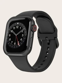 Solid Color Silicone Comfortable Watch Band With Buckle & Reversal Design compatible with apple 1-9th Generation - Black - View 1