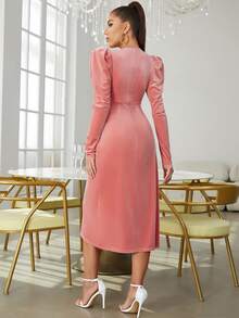 羊腿袖褶邊絲絨連衣裙 - 粉色 - 查看 2