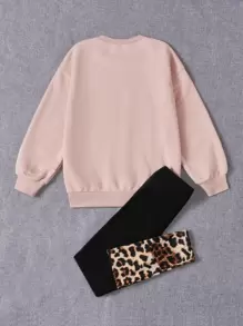 SHEIN Tween Girl Figure Graphic Drop Shoulder Sweatshirt & Leggings - Baby Pink - View 5