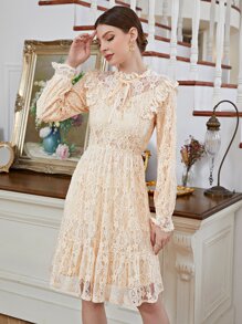 Vestido línea A de cuello con cordón ribete con fruncido con encaje - Albaricoque - Ver 1