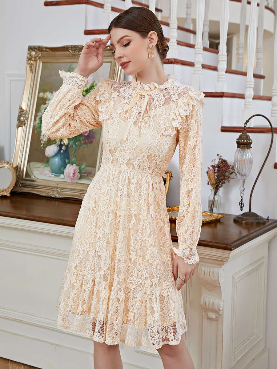 Vestido línea A de cuello con cordón ribete con fruncido con encaje - Albaricoque - Ver 1