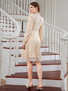 Vestido línea A de cuello con cordón ribete con fruncido con encaje - Albaricoque - Ver 2