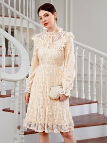 Vestido línea A de cuello con cordón ribete con fruncido con encaje - Albaricoque - Ver 4