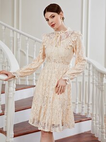 Vestido línea A de cuello con cordón ribete con fruncido con encaje - Albaricoque - Ver 5