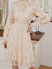 Vestido línea A de cuello con cordón ribete con fruncido con encaje - Albaricoque - Ver 6