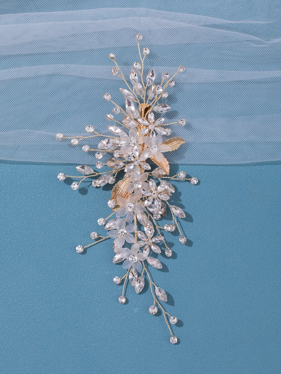 Kẹp tóc cô dâu trang trí bằng đá & hoa - Vàng - Xem 1