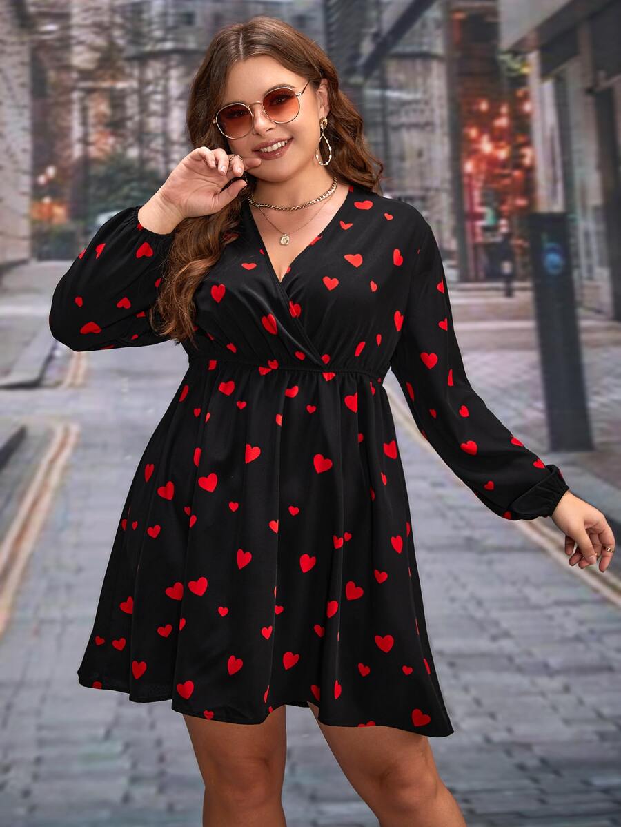 SHEIN Clasi Plus Heart Print Surplice Neck Dress - Black - View 1