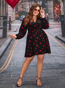 SHEIN Clasi Plus Heart Print Surplice Neck Dress - Black - View 4