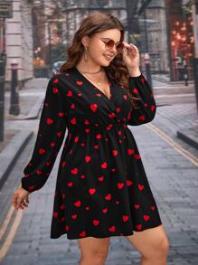 SHEIN Clasi Plus Heart Print Surplice Neck Dress - Black - View 3
