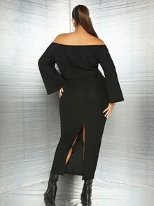 SHEIN SXY Plus Off Shoulder Trumpet Sleeve Tee & Split Back Bodycon Skirt - Black - View 4
