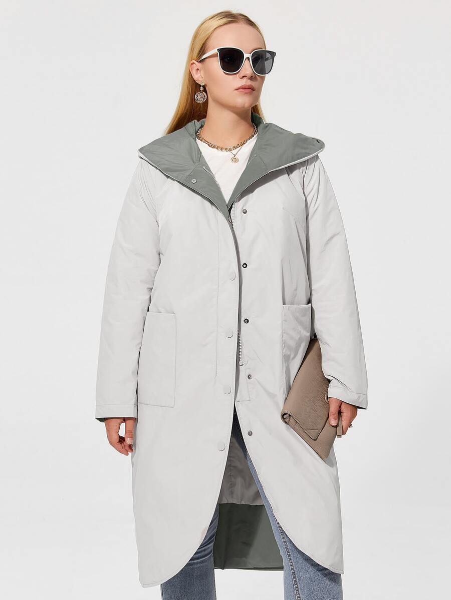 Plus Size Pocket Front Hooded Belted Padded Coat - Beige - View 1