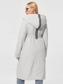 Plus Size Pocket Front Hooded Belted Padded Coat - Beige - View 2