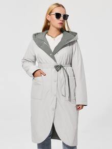 Plus Size Pocket Front Hooded Belted Padded Coat - Beige - View 3