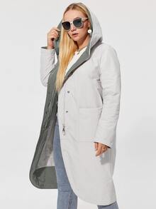 Plus Size Pocket Front Hooded Belted Padded Coat - Beige - View 5