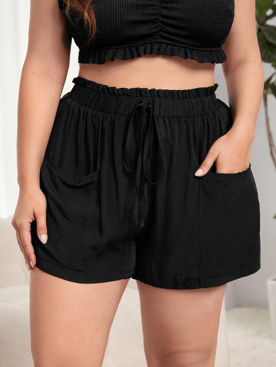 SHEIN Swim Curve Plus Size Paperbag Waist Pocket Patched Cover Up Shorts Summer - Black - View 1