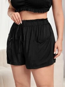 SHEIN Swim Curve Plus Size Paperbag Waist Pocket Patched Cover Up Shorts Summer - Black - View 3